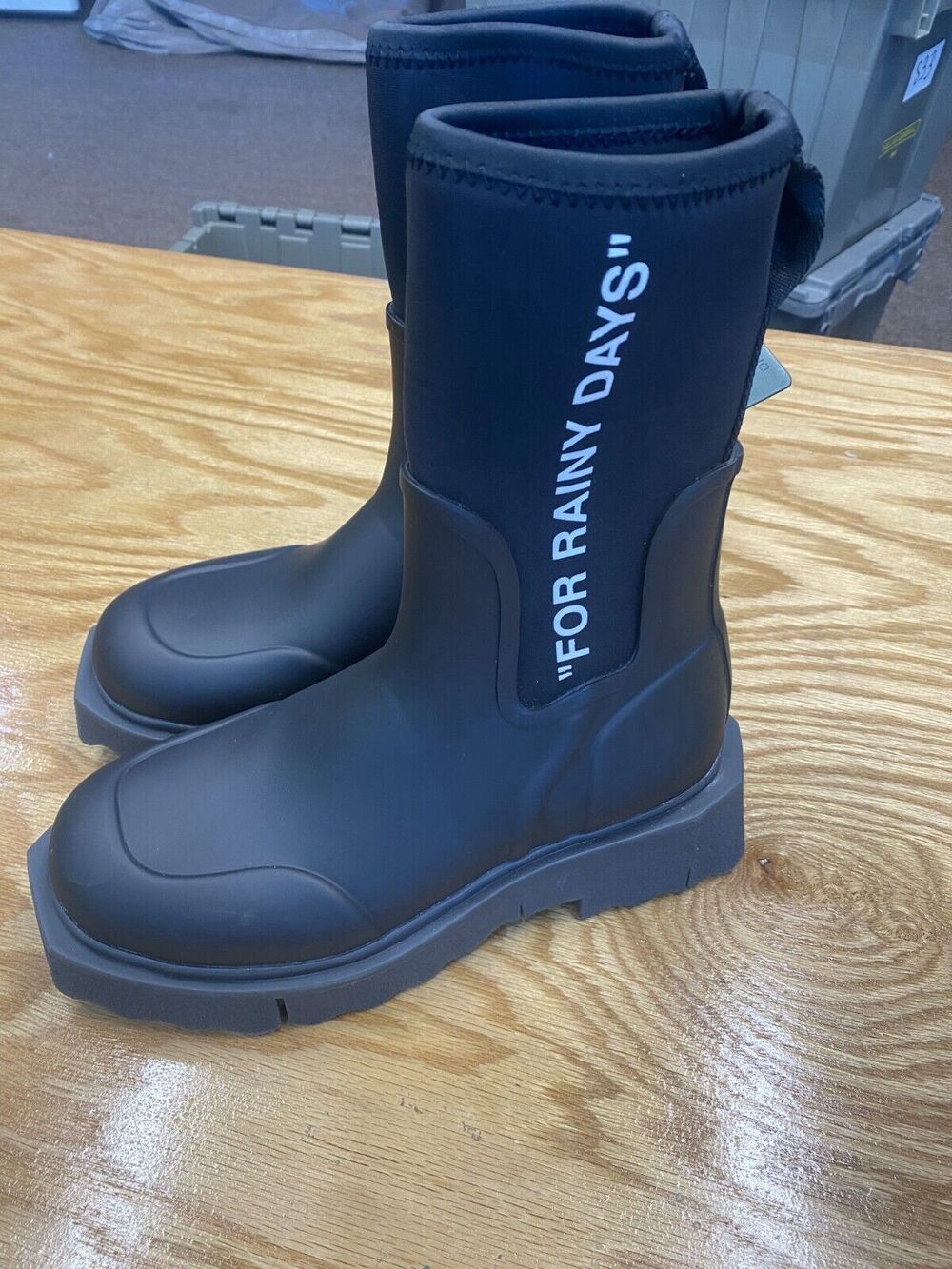 Off-White Rain Boots Womens 7.5 Black Zip Tie Sponge Sole Mid-Calf Round Toe S34